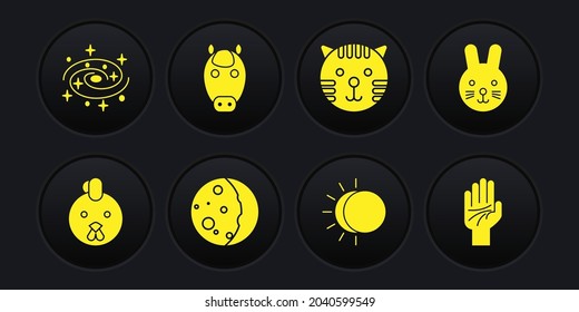 Set Rooster zodiac, Rabbit, Eclipse of the sun, Tiger, Horse, Palmistry hand and Milky way spiral galaxy icon. Vector