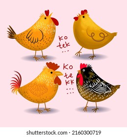 Set of rooster,hen,little chicken animal poultry farm icon character hand drawn vector illustration.