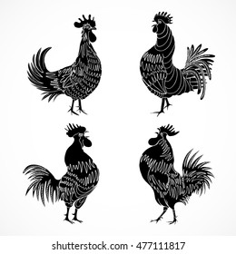 Set of roosters as animals zodiac symbols for Chinese New year 2017. Hand drawing collection of cocks design elements for Chinese New year cards. Chinese Year of the Rooster zodiac emblem bundle.
