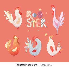 Set roosters for children. The character of happy, bright birds. Illustrations for the postcards, T-shirts, artwork, calendars. birthday.