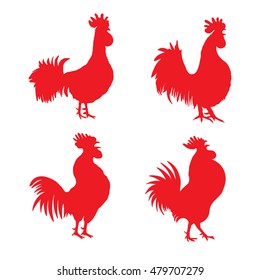 Set of roosters, cocks, Chinese zodiac illustration collection. Logo, emblem, symbol designs bundle. Red hand drawing silhouette isolated on white. 2017 Chinese Year of the Rooster zodiac emblems. 