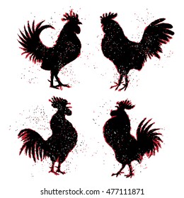Set of  roosters. Collection of hipster vintage design with roosters. Imitation drawing or painting of roosters silhouette with Chinese calligraphy Ink sticks or India ink. Bundle of Zodiacs for 2017.