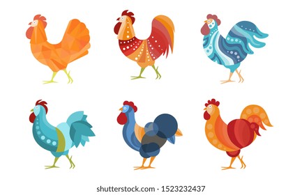 Set of roosters with creative coloring. Vector illustration.