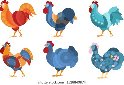 Set of roosters with creative pattern. Vector illustration.