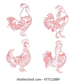 Set of roosters in different directions and poses. Hand drawn cocks. Collection of detailed quality farm birds. Bundle of zodiac symbols for Chinese New year 2017.  
