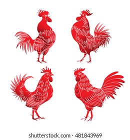 Set of roosters in different directions and poses. Hand drawing of red cocks. Collection of detailed quality farm birds. Bundle of zodiac symbols for Chinese New year 2017.  