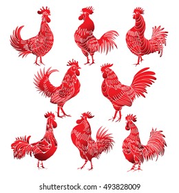 Set of roosters in different directions and poses. Hand drawing of red cocks. Collection of detailed quality farm birds. Bundle of zodiac symbols for Chinese New year 2017.  