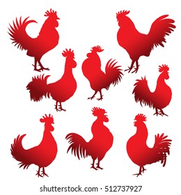 Set of roosters in different directions and poses. Hand drawing of red cocks. Collection of detailed quality farm birds. Bundle of zodiac symbols for Chinese New year 2017.  