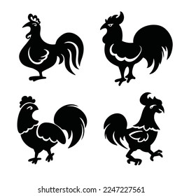 Set of roosters, hens silhouette, vector illustration