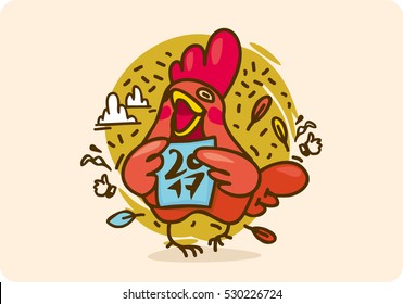 Set of roosters, symbol 2017 on Chinese calendar. Red cock. Cartoon crowing chicken bird. Vector New Year elements to design a calendar, postcards, flyers and other Christmas products.