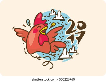 Set of roosters, symbol 2017 on Chinese calendar. Red cock.Cartoon crowing chicken bird. Vector New Year elements to design a calendar, postcards, flyers and other Christmas products.