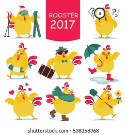 Set of roosters, symbol 2017 on Chinese calendar. Yellow cock. Cartoon crowing chicken bird. Vector New Year elements to design a calendar, postcards, flyers and other Christmas products. Easter