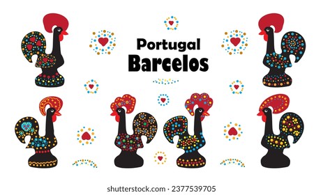 Conjunto de gallos - símbolos de la ciudad portuguesa de Barcelos y elementos de diseño, para souvenirs y negocios turísticos.