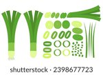 Set of root of fresh leek.Green onion.Slice, ring, chooped and whole vegetable.Flat design.Sign, symbol, icon or logo isolated on white background.Organic healthy food.Cartoon vector illustration.