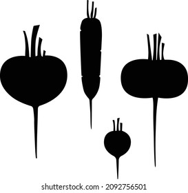 Conjunto de verduras de raíz: remolacha, zanahorias, nabos. Silhouette. Ilustración vectorial.