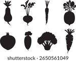 Set of Root Vegetables Silhouette Icons – Carrot, Beet, Radish, Turnip, Broccoli Vector Illustrations