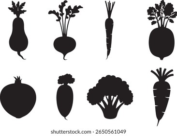 Conjunto de Ícones de Silhueta de Legumes Raiz - Ilustrações de cenoura, beterraba, rabanete, nabo, vetor de brócolis