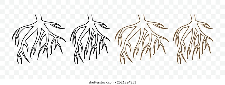 Set of roots icon. Various brown tree or shrub roots. Plant root system. Realistic black roots illustration. Tree root silhouette set. Vector illustration. 