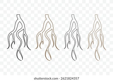 Set of roots icon. Various brown tree or shrub roots. Plant root system. Realistic black roots illustration. Tree root silhouette set. Vector illustration. 