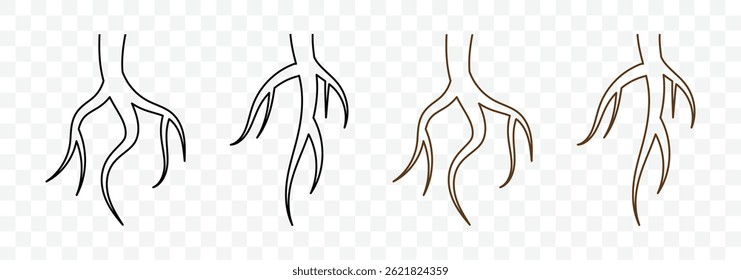 Set of roots icon. Various brown tree or shrub roots. Plant root system. Realistic black roots illustration. Tree root silhouette set. Vector illustration. 
