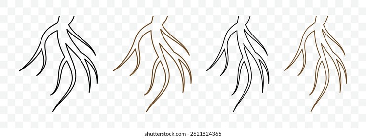 Set of roots icon. Various brown tree or shrub roots. Plant root system. Realistic black roots illustration. Tree root silhouette set. Vector illustration. 