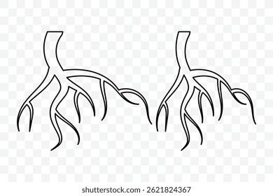 Set of roots icon. Various brown tree or shrub roots. Plant root system. Realistic black roots illustration. Tree root silhouette set. Vector illustration. 