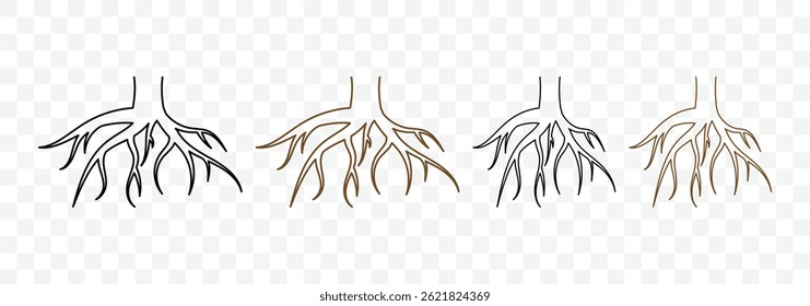 Set of roots icon. Various brown tree or shrub roots. Plant root system. Realistic black roots illustration. Tree root silhouette set. Vector illustration. 