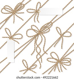 Set of rope bakers twine bows, ribbons and tag labels on white background