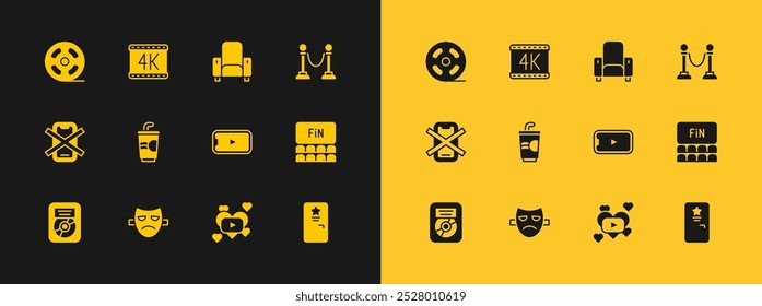 Set Rope barrier, Drama theatrical mask, Online play video, Romantic movie, Paper glass with water, Cinema chair, Film reel and 4k icon. Vector