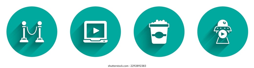 Set Rope barrier, Online play video, Popcorn cardboard box and Science fiction icon with long shadow. Vector