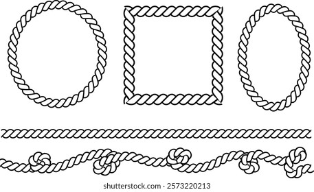 Set of rope borders in the shape of circle , wave, oval and square isolated on white background