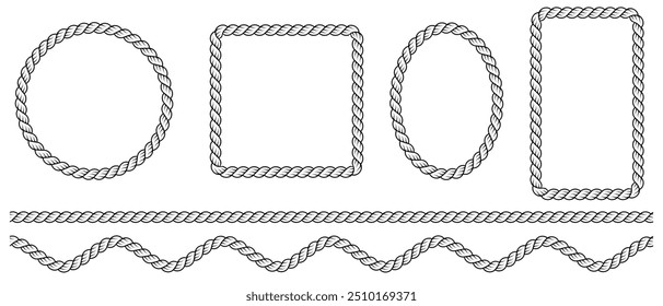 Set of rope borders in the shape of square, wave, circle and oval isolated on a white background. Vector design element of rope brush.