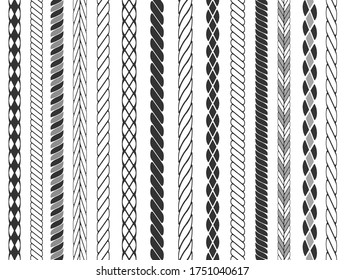 Set of rope brushes. Seamless rope stripes isolated on background. Vector illustration.