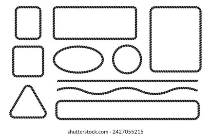 Set of rope or cord frames and borders. Rectangle, circle, oval, square, triangle shapes with thread or cable texture. Design elements in sailor, marine, sea, nautical style. Vector flat illustration.