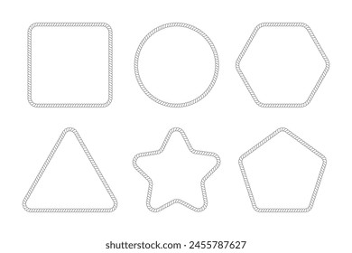 Set of rope or cord frames. Square, circle and triangle, hexagon, pentagon and star shapes with thread or cable texture isolated on white background. Vector flat illustration.