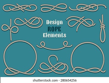 Set of Rope Design elements. Drawn in vintage style. Knots and Loops. Only free font used.