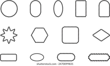 Set of Rope frames Borders of different geometric shapes. round, oval and square, hexagonal. Editable rope frame border isolated on white background.