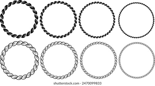 Set of Rope frames Borders of different geometric shapes. round, oval and square, hexagonal. Editable rope frame border isolated on white background.