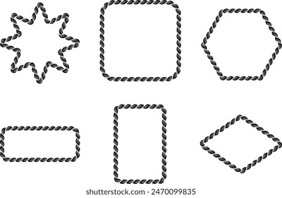 Satz von Seilrahmen Rahmen aus verschiedenen geometrischen Formen. rund, oval und quadratisch, sechseckig. Editierbarer Rahmen für Seilrahmen auf weißem Hintergrund.