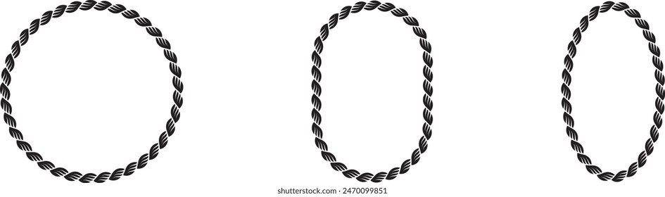 Set of Rope frames Borders of different geometric shapes. round, oval and square, hexagonal. Editable rope frame border isolated on white background.