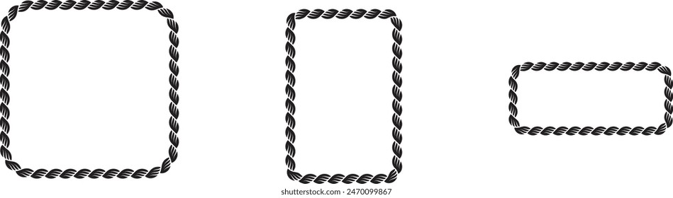 Set of Rope frames Borders of different geometric shapes. round, oval and square, hexagonal. Editable rope frame border isolated on white background.