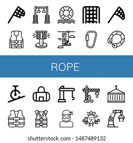 Set of rope icons such as Butterfly net, Life jacket, Pulley, Bollard, Life saver, Zip line, Rope ladder, Carabiner, Rope biking, Life vest, Gym bag, Crane, Sailor, Exercise ,