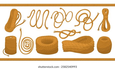 Set of rope in knots, coils and skeins. Hardware store. Household and agricultural tools. Climbing equipment. Jute for handicrafts. Marine gear. Vector illustration isolated on transparent background.