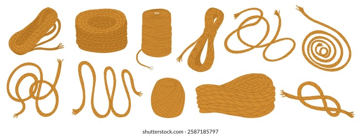 Set of rope in knots, coils and skeins. Hardware store. Household and agricultural tools. Climbing equipment. Jute for handicrafts. Marine gear. Vector illustration isolated on transparent background.