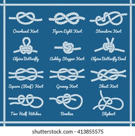 Set of rope knots, hitches, bows, bends. Decorative vector design. Part 1 of 3