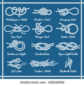 Set of rope knots, hitches, bows, bends. Decorative vector design. Part 3 of 3