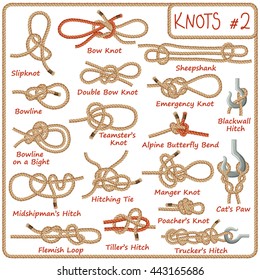 Set of rope knots, hitches, bows, bends isolated on white background. Decorative vector design. Part 2 of 3