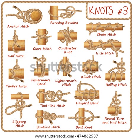 Set of rope knots, hitches, bows, bends isolated on white background. Decorative vector design. Part 3 of 3