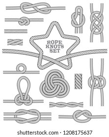 Set of rope knots and rug. Seamless decorative elements. Vector illustration.