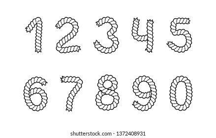 Set of rope numbers from 1 to 0. Black and white vector illustration